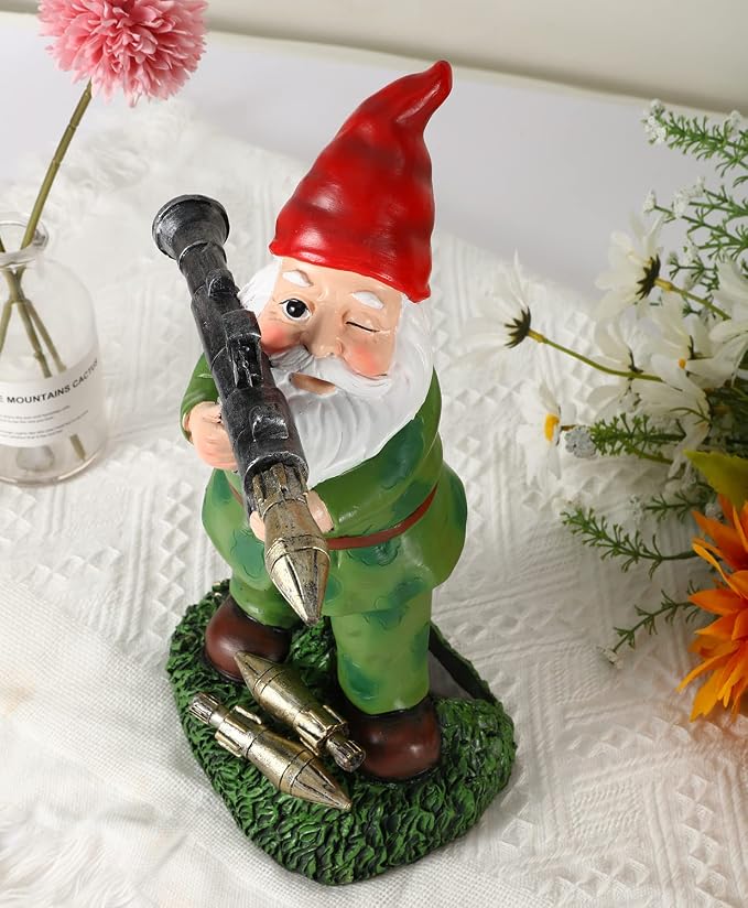 Solar Military Garden Gnome Statue with RPG, Large War Army Combat Defender Soldier Patriotic Gnome Figurine with Gun, Outdoor Patio Yard Lawn Home Ornament Decor, Valentine's Day Men Gift