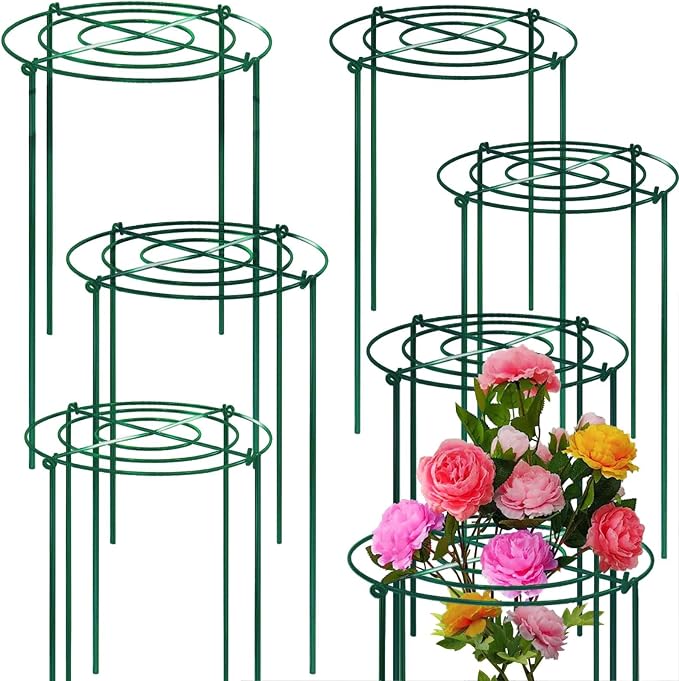 TCBWFY 8 Sets Peony Support Cage, 12" Dia x 24" High, Heavy Duty Metal Plant Support, Grow Through Hoops Grids, 4mm Legs, Green, Round