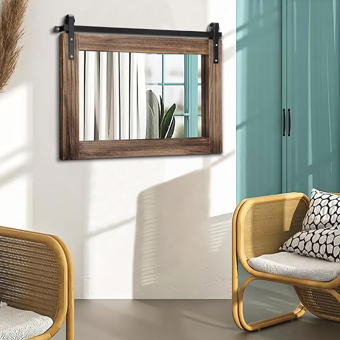 AAZZKANG Wood Mirror Rectangle Large Rustic Wall Mirror 18"x26" with Framed Bedroom Living Room Bathroom Hanging Mirror Horizontal