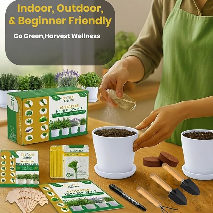 47 PCS Herb Garden Seeds Starter Kit, 10 Non-GMO Culinary Herb Seeds with White Pots & Planters for Windowsill, Herb Growing Kit Indoor & Outdoor, Unique Herb Garden Gift Set for Gardening Lovers
