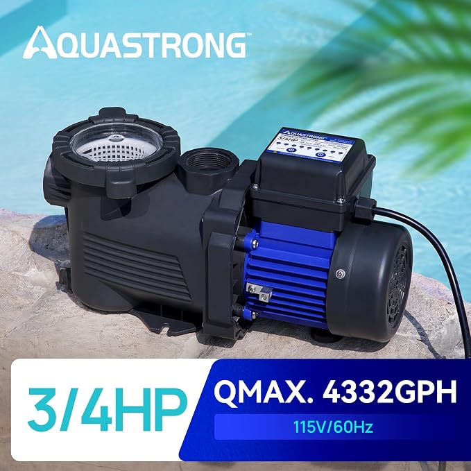 AQUASTRONG 3/4 HP Above Ground Pool Pump with Timer, 1.25"&1.5''adapter, 115V, 4332GPH, High Flow, Powerful Self Primming Swimming Pool Pumps with Filter Basket
