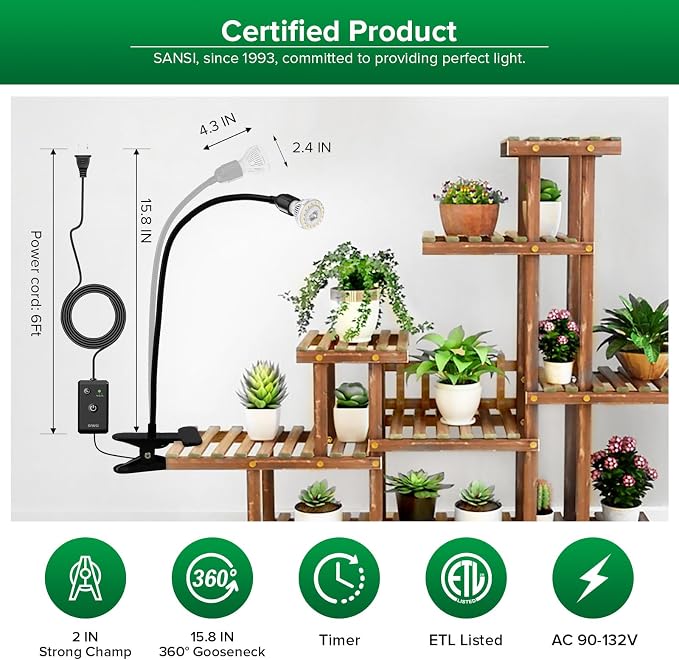 SANSI LED Grow Lights for Indoor Plants, Lifetime Free Bulb Replacement, 150W Full Spectrum Gooseneck Clip Plant Grow Light, Plant Light with Timer 4/8/12 Hrs, High PPFD Growing Power Grow Lamp