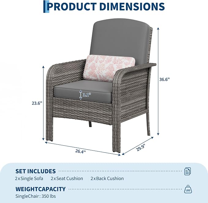 GarveeHome Outdoor Wicker Chairs Set of 2, All-Weather High Back Rattan Patio Furniture, 2-Piece Conversation Set with Comfy Cushions for Porch, Deck, Gray, Blue Cushion