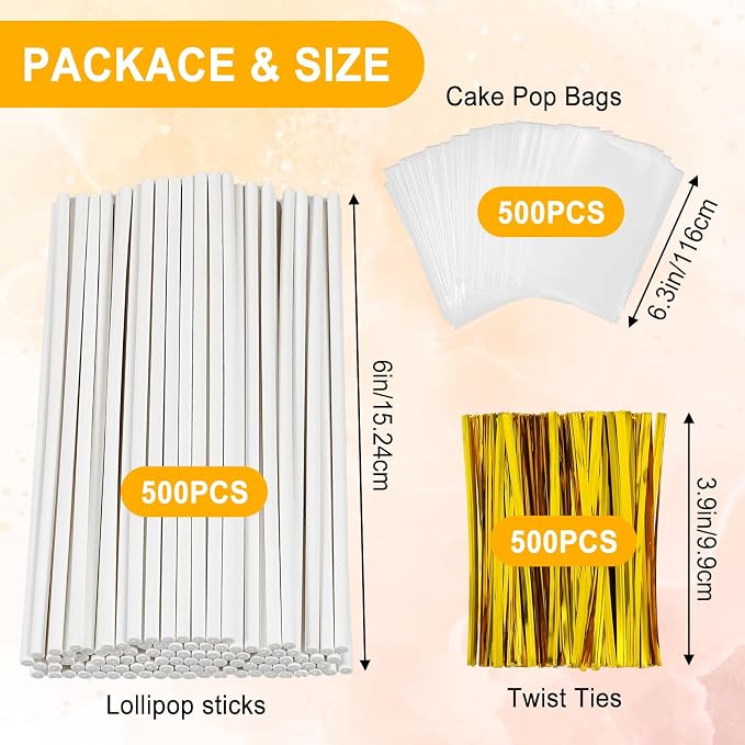 1500Pcs White Lollipop Sticks, 6IN Cake Pop Sticks with Clear Treat Bags & Gold Twist Ties for Candy Making Accessories