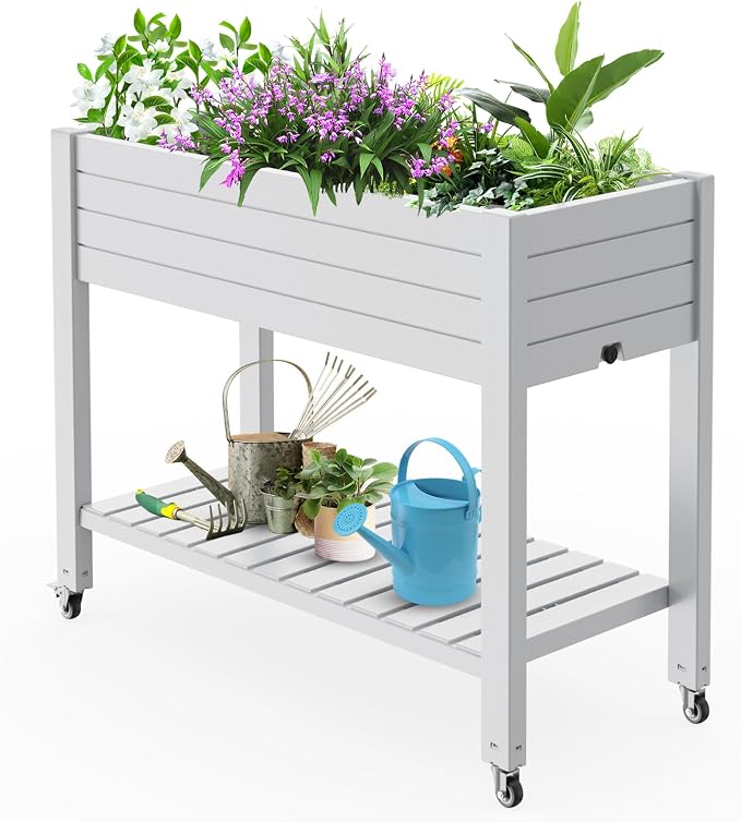 Vixzen 33.7" Tall Raised Garden Bed Outdoor with Wheels & Shelf, Divisible Resin Planter Box with Drainage Gauge, Planter Bed Box for Vegetables/Herbs, Backyard, Patio, Balcony, Ashen (33.7" H)