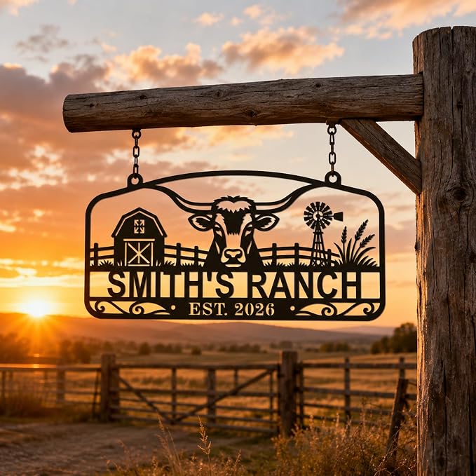 Personalized Ranch Metal Sign, Custom Farm Name Sign with Cattle Design, Rustic Farmhouse Wall Decor for Barn, Porch, Entryway, Ranch Gate, Housewarming Gift