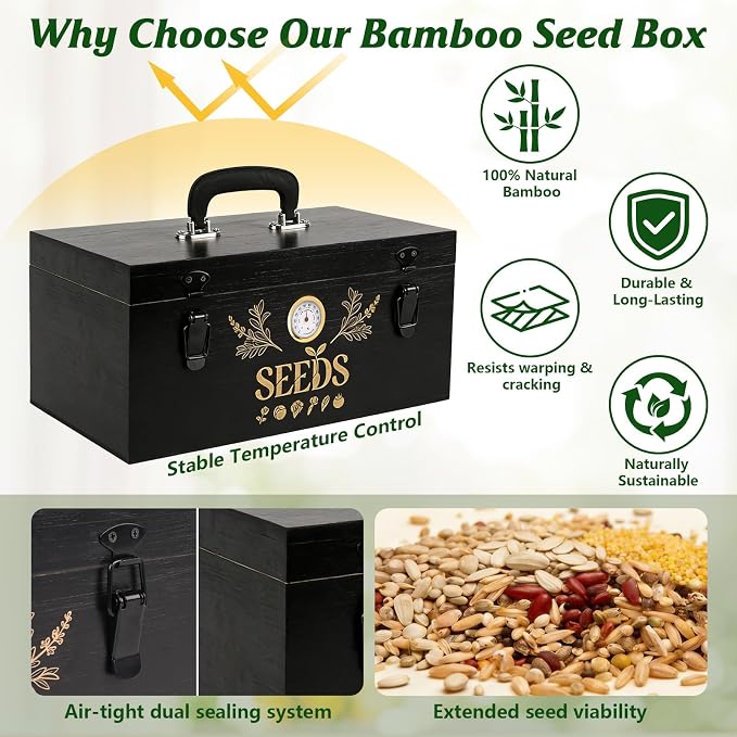 Seed Storage Box with Built-in Hygrometer, Natural Bamboo Seed Saving Box with Seal Design Lid, Safety Lock & Solid Handles, Extra Seed Envelopes and Labels – Great Gift for Gardeners (Black)