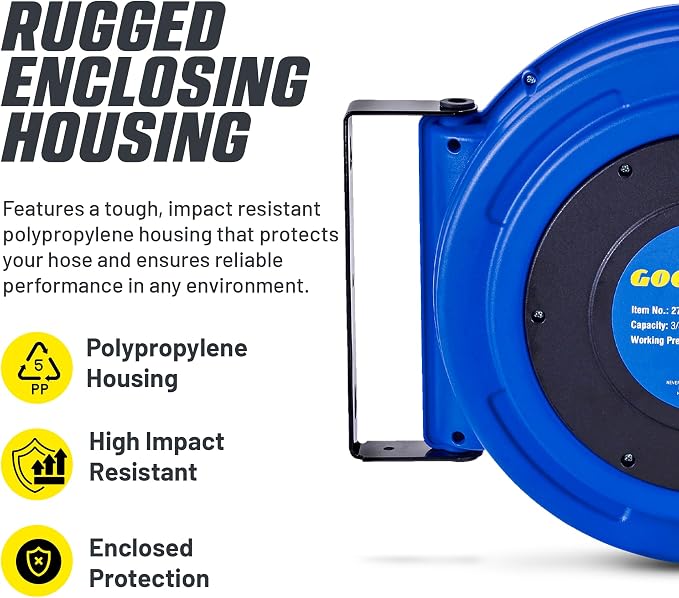 Goodyear Air Hose Reel Retractable 3/8" Inch x 65' Feet Premium Commercial Flex Hybrid Polymer Hose Max 300 Psi Heavy Duty Spring Driven Polypropylene Construction w/Lead-in Hose and PVC Handle