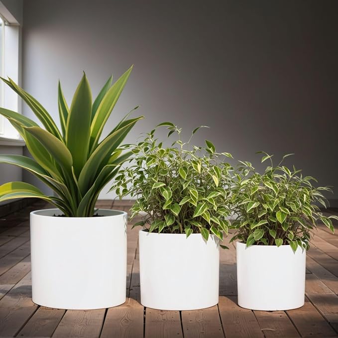 Fox & Fern Large Indoor Planter, Modern Large Plant Pot for Indoor or Outdoor, UV and Frost Resistant - Set of 3: 8, 10, 11.8 Inch, Fiberstone, White Flower Pot with Drainage Plug, Lightweight