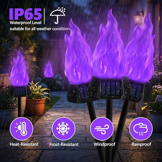 Toodour Solar Outdoor Torch Lights with Flickering Flame, 4 Pack Solar Pathway Decorative Lights, Waterproof LED Flame Torches for Outdoor Camping Garden Landscape Patio Path Yard Decorations - Purple