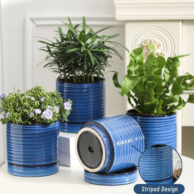 HASENSE Ceramic Plant Pots with Saucers Set of 4, 4.6 Inch Planters for Indoor Plants with Drainage Holes,Blue Flower Pots for Snake Plants & Cactus, Modern Farmhouse Windowsill & Tabletop Decor