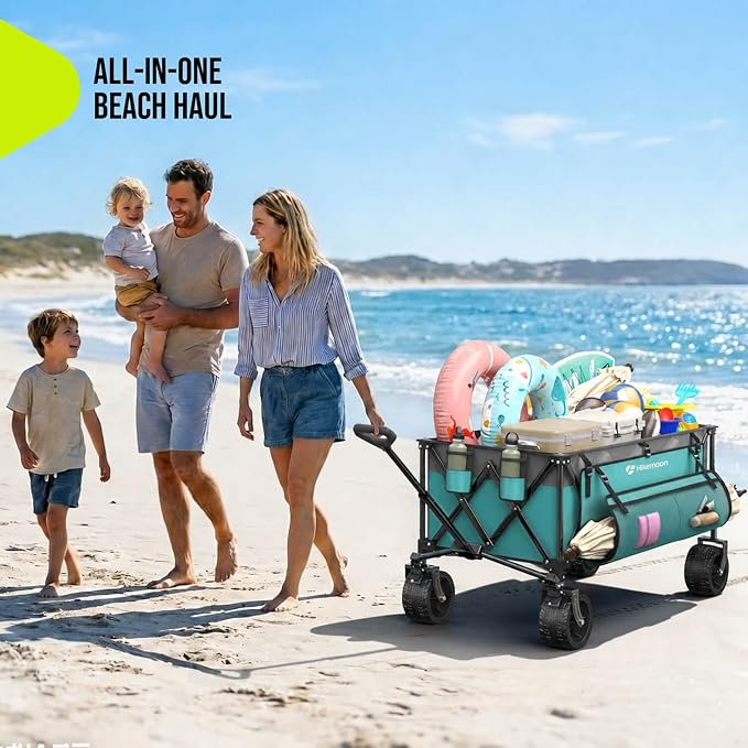 Hikemoon 300L Extra Large Wagons Carts Foldable, 560LBS Heavy Duty Collapsible Beach Wagon 48" Long with Big All-Terrain Wheels, Utility Folding Cart for Camping, Sports, Garden, Turquoise