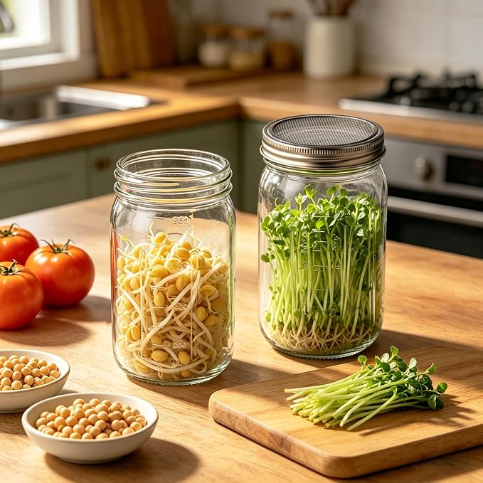 2PCS 1000ML Sprouting Jars with 86mm Wide Mouth Mason Jar with Stainless Steel Screen Sprout Lids,3.7X6.5 inches Sprouts Growing Kit,Organic Seed Sprouting Jar Kit