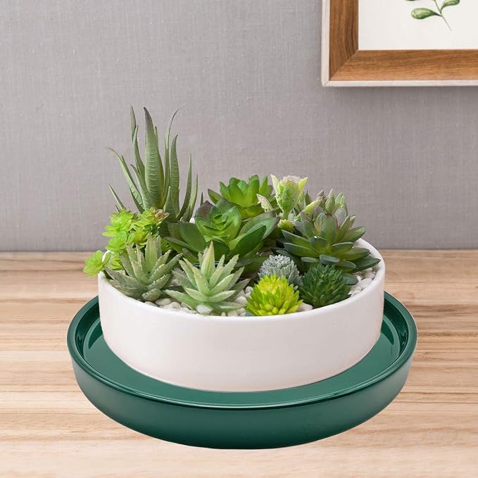 Yukfona Ceramic Plant Saucer Tray 2 Pcs 7 Inch Green, 7" OD x6.8 ID x0.9 Deep| Fits Flower pots Bottom≤ 6.8", Heavy Duty Glazed Round Planter Drip with Catch Basin for Indoor Outdoor Plants