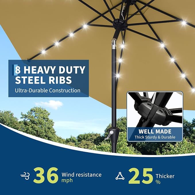 GarveeLife Patio Umbrella with Solar Lights, Outdoor Table Umbrella with 8 Durable Ribs, Tilt & Crank Mechanism, Water & UV Protection Sun Shade Umbrella for Garden, Poolside, Backyard (Tan, 9 FT)