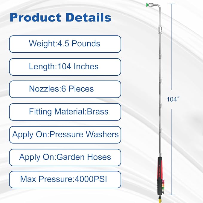 DUSICHIN Pressure Washer Extension Wand Gutter Cleaning 8 FT Garden Hose Adapter, Upgarded Soft Handle 6 Nozzle Tips 3 Curved Rod for Gutter, 1/4" M22-14mm Fitting 3/4" GHT Connector DUS2612