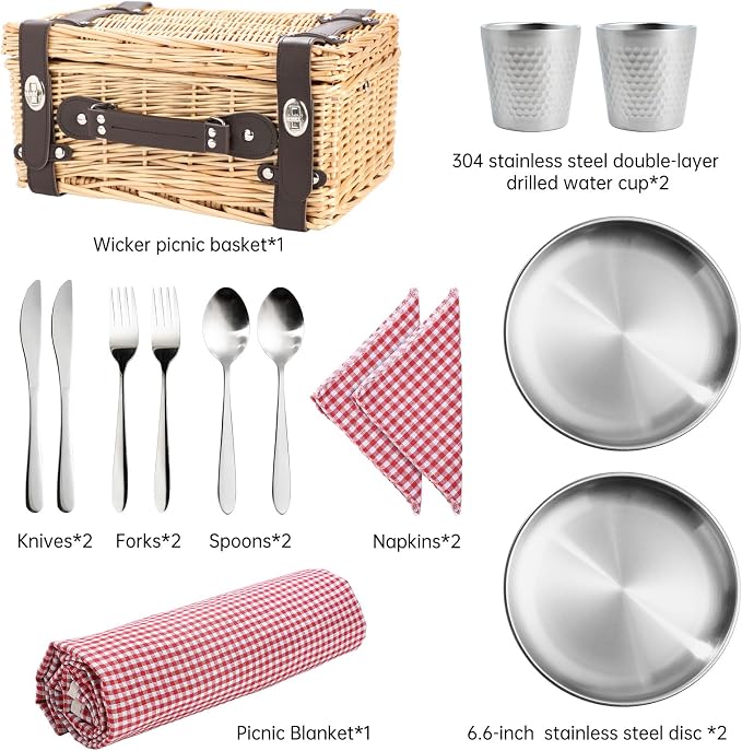 Picnic Basket Set for 2, Wicker Picnic Baskets with Waterproof Blanket and Cutlery Service Kit, Willow Hamper for Camping, Outdoors, Valentine's Day, Christmas, Birthday, Wedding Gift