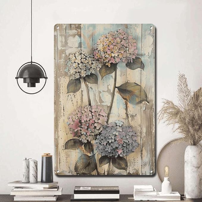 Metal Sign Tin Sign Vintage Wall Art Shabby Chic Hydrangea Tin Sign for Opulent Nature Art Vintage Wall Displays and Distressed Wood P Funny Garden Signs for Home Decor 8×12 Inches