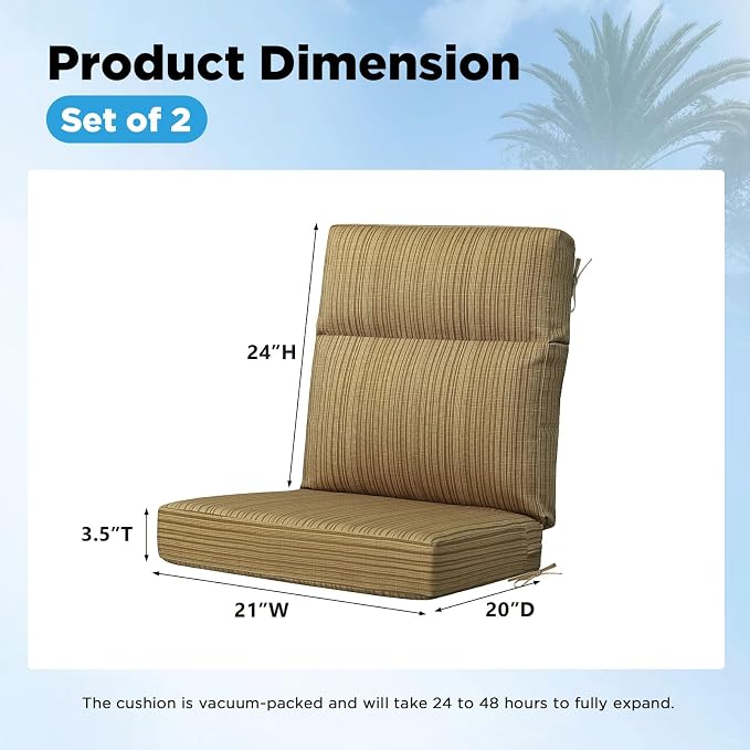 Outdoor Patio Chair Cushions 44x21x3.5 inch, Set of 2 Thicken Comfy Cushions for Rocker Non Slip Fade Shield Water Repellent High Back with Ties, Yellow Stripe