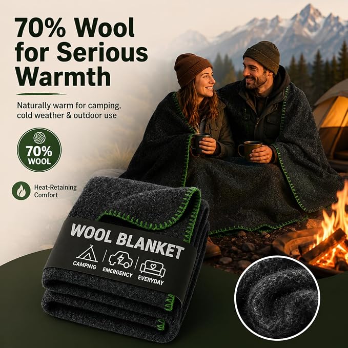 Wool Camping Blanket 10-Pack - 70% Wool Heavy-Duty Military Style Throw, Warm & Washable, Fire Retardant Cover for Emergency, Survival & Outdoor Use - For Camping, Car, Home & Hiking, Grey 62x84