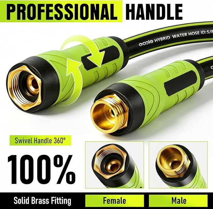 Garden Hose 50ft x 5/8", Heavy Duty Water Hose, Flexible and Durable, Kink Resistant Lightweight Hybrid Hose, Leakproof Yard Hose with Male to Female Fittings