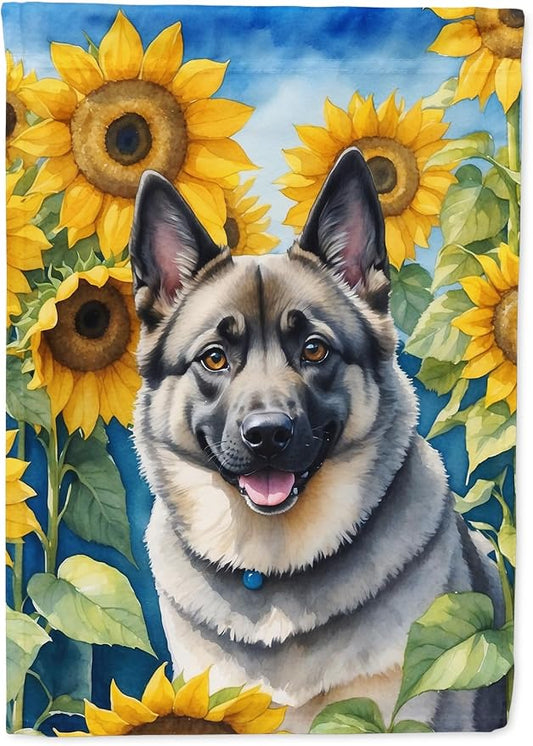 Caroline's Treasures DAC6126CHF Norwegian Elkhound in Sunflowers House Flag Large Porch Sleeve Pole Decorative Outside Yard Banner Artwork Wall Hanging, Polyester, House Size, Multicolor