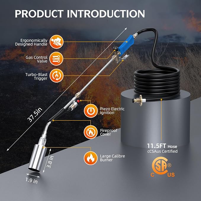 Propane Weed Torch Burner with 11.5FT Hose, Self-Igniting Heavy Duty Flame Weeder with Turbo Trigger, Adjustable Outdoor Torch for Driveway, Garden, Yard, Ice and Snow (Blue)