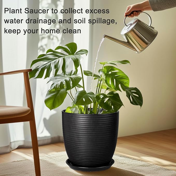 Flower Pot Saucer 12 Inch - Ceramic Plant Saucer for Outdoors Plant Drip Tray for Pots Indoor No Holes Large Plant Dishes to Catch Water Decorative Plant Drainage Tray Black