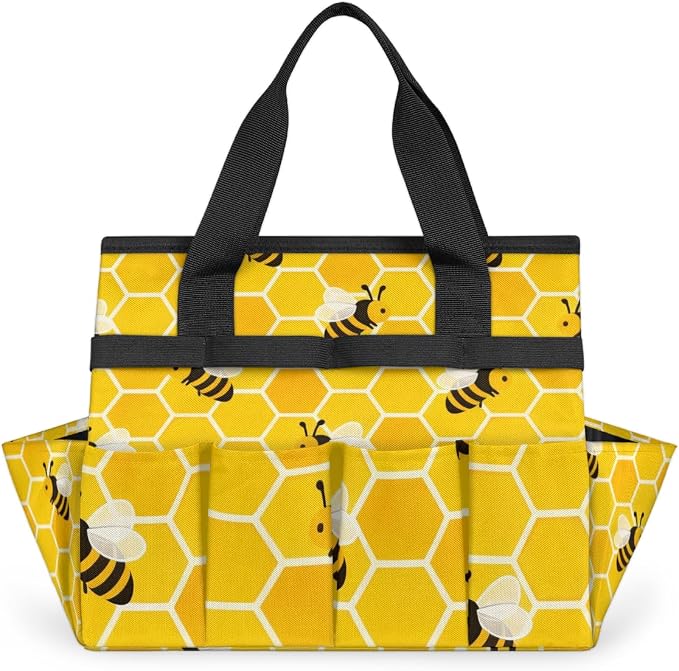 Garden Tote Bag with Pockets Honey Bees Gardening Bags for Tools Organizer Heavy Duty Storage Bag with Handle for Lawn Yard Casual