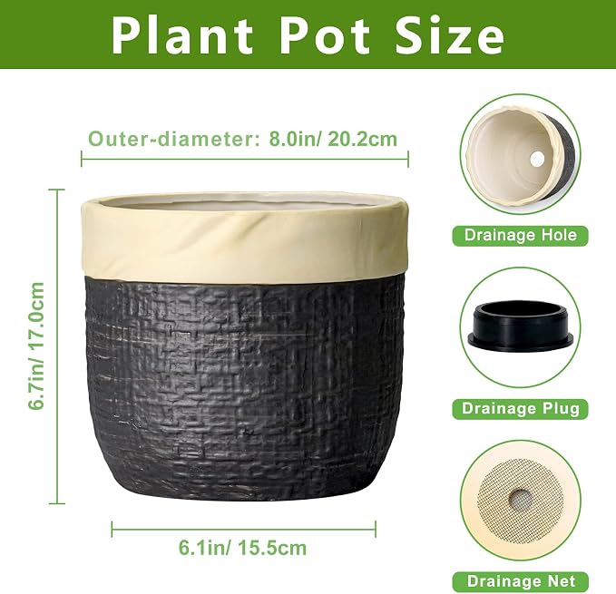 8 Inch Planter - Ceramic Pots for Plants with Drainage Hole and Plug, Round Unique Flower Pots for Indoor Plants, Boho Decorative Plant Pot, Apartment Decor, Gardening Gifts for Women, Black