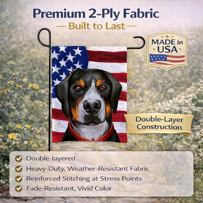 Caroline's Treasures CK6548GF Greater Swiss Mountain Dog American Flag Garden Flag Mailbox Flag Decorative Yard Flag Banner Outside Patio Artwork Yard Flower Beds, Garden Size, Multicolor