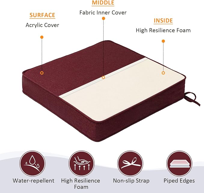 Unimatta Sunbrella Square Corner Seat Cushions, 19" x 19" x 3", Set of 4, Indoor Outdoor Water Repellent Universal Chair Pads with Ties for Patio Furniture, Garden Dining Chairs, Spectrum Ruby