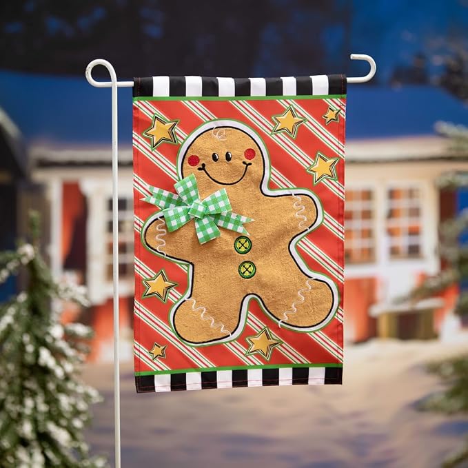 Evergreen Flag Patterned Gingerbread Man Applique Garden Flag | 12x18 Inches Double Sided Christmas Garden Flag for Outside | Weather and Fade Resistant | Outdoor Flag Décor for Home, Yards and