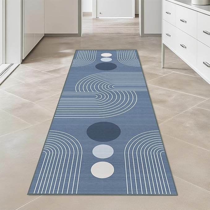 Boho Runner Rug 2x6 Modern Geometric Abstract Rug for Hallway Kitchen Bedroom Dusty Blue Mid Century Modern Runner Machine Washable Non-Slip Printed Low-Pile Long Floor Carpet for Bathroom Laundry