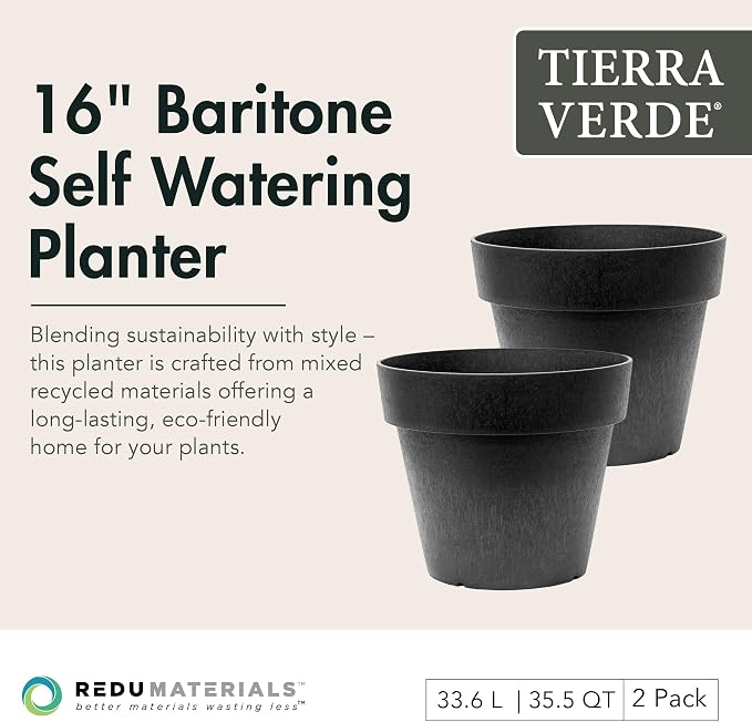 Tierra Verde 2-Pack Indoor & Outdoor Self-Watering Round Planter Pots, Baritone, 18" x 16", Black - Decorative Planting Containers for Plants and Flowers - Gardening and Flowering Accessories