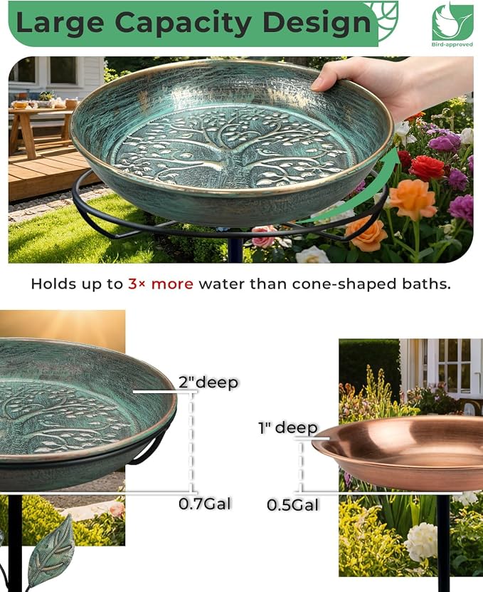 Metal Bird Bath for Outside 12" Tree of Life Birdbath Bowl with Stake | Adjustable Height Vintage Outdoor Bird Bath | Rust Resistant Easy to Clean for Garden Yard Lawn Decor Decor, Green