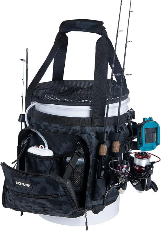 Goture Fishing Bucket Organizer for 5 Gallon Bucket, Heavy-Duty Waterproof Tackle Bag with 15+ Pockets, Ice Auger Holster & Secure Lock Straps for Ice Fishing Gear (Black, No Bucket)