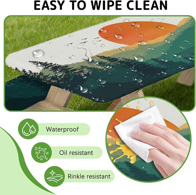 Picnic Table Cover with Bench Covers Elastic Edges, 3 Pcs Mountain View Fitted Table Cover with Drawstring Bag, Waterproof Windproof Aesthetic Camping Tablecloth, Outdoor Camping Essentials 72 Inch