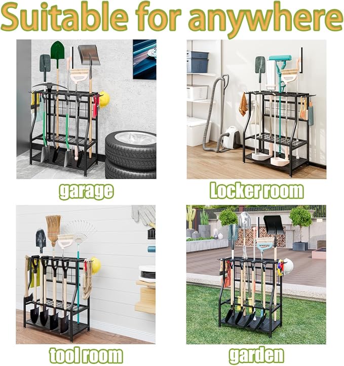Garden Tool Organizer Yard Tool Tower Rack Shed Organization | Garage Organizers Yard Tool Organizer Heavy Duty Storage up to 60 Long Handled Sturdy Metal Steel Holder with Hooks