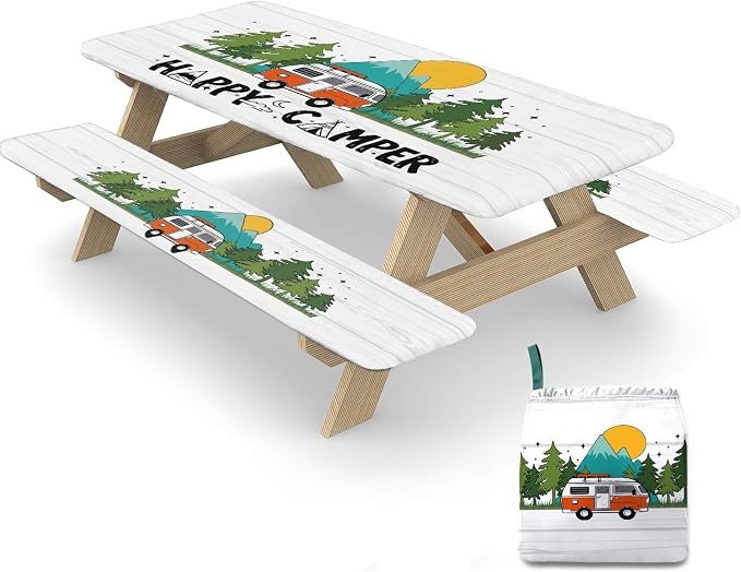 Picnic Table Cover with Bench Covers Elastic Edges, 3 Pcs Forest Fitted Table Cover with Drawstring Bag, Waterproof Windproof Aesthetic Camping Tablecloth, Outdoor Camping Essentials 72 Inch