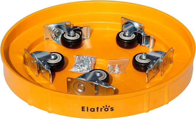 ELAFROS 30 Gallon and 55 Gallon Heavy Duty Plastic Drum Dolly – Durable Plastic Drum Cart 900 lb. Capacity- Barrel Dolly with 5 Swivel Casters Wheel, Yellow, with Brake