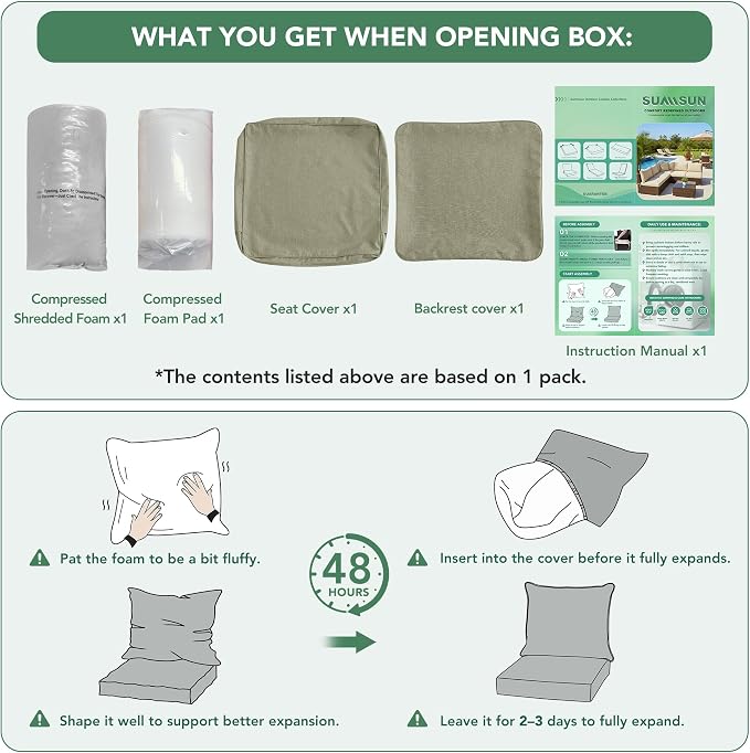 Summsun Water Resistant Outdoor Chair Cushions, Faux Linen Backrest and Deep Seat Cushion Set with Ties, Removable Cover, Non-Slip Bottom for Patio Furniture, 24 x 24 Inch, Mocca Green, Set of 4
