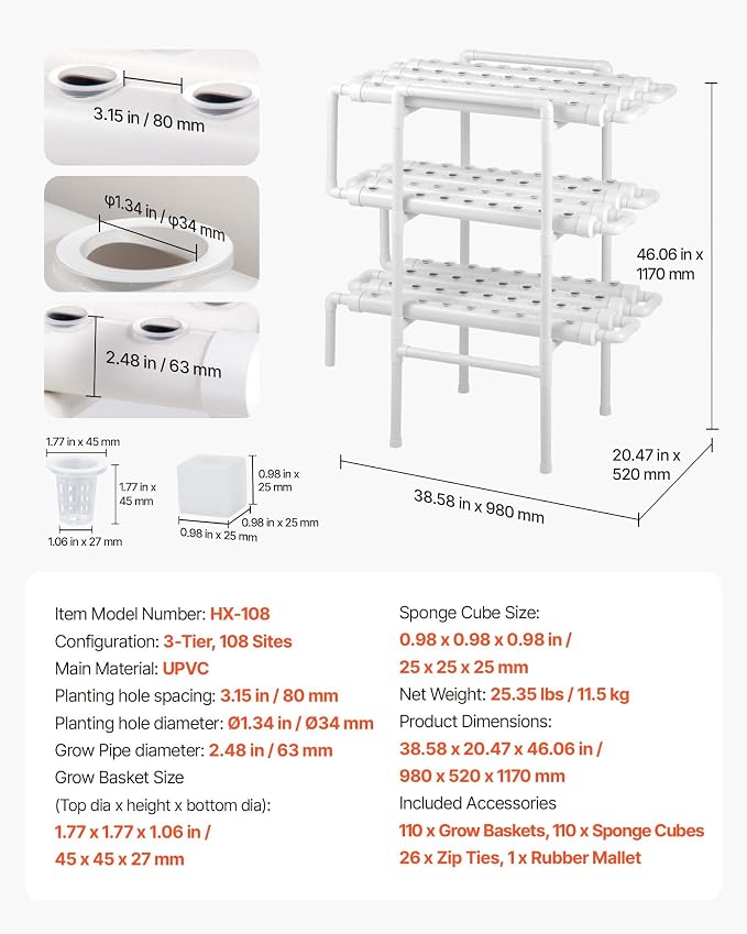VEVOR Hydroponics Growing System Kit, 3-Tier 108 Sites UPVC Pipe Hydroponic Grow Kit with Timed Irrigation, Thickened Hydroponic Pipes, Indoor Home Garden Vegetable Planting Grow Kits for Fruit Herb