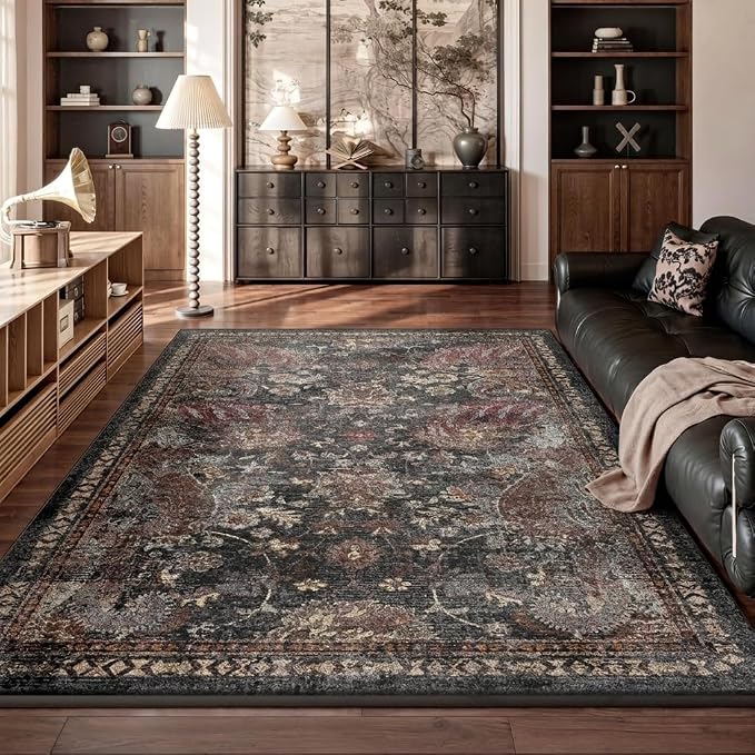RUGIXE Washable 8x10 Area Rug, Vintage Persian-Style Floral Living Room Rug | Distressed Oriental Design, Non-Slip Backing, Soft Low-Pile Feel, Bedroom & Office Rug, Traditional & Transitional Home Decor