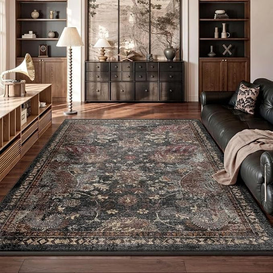 RUGIXE Washable 8x10 Area Rug, Vintage Persian-Style Floral Living Room Rug | Distressed Oriental Design, Non-Slip Backing, Soft Low-Pile Feel, Bedroom & Office Rug, Traditional & Transitional Home Decor