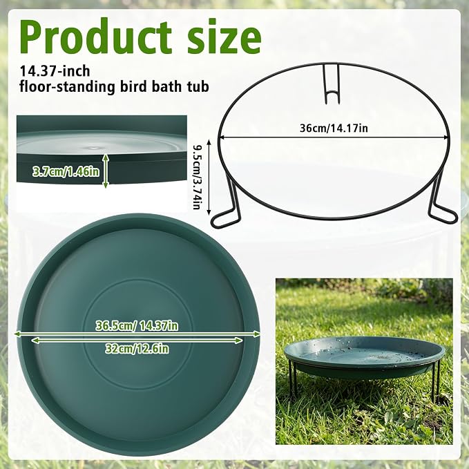 14.37'' Ground Bird Bath for Outside Large Bird Bath Bowl for Patio Garden or Deck Floor Standing Black Steel Wire Stand with Dish Outdoor Feeder Water(Green)