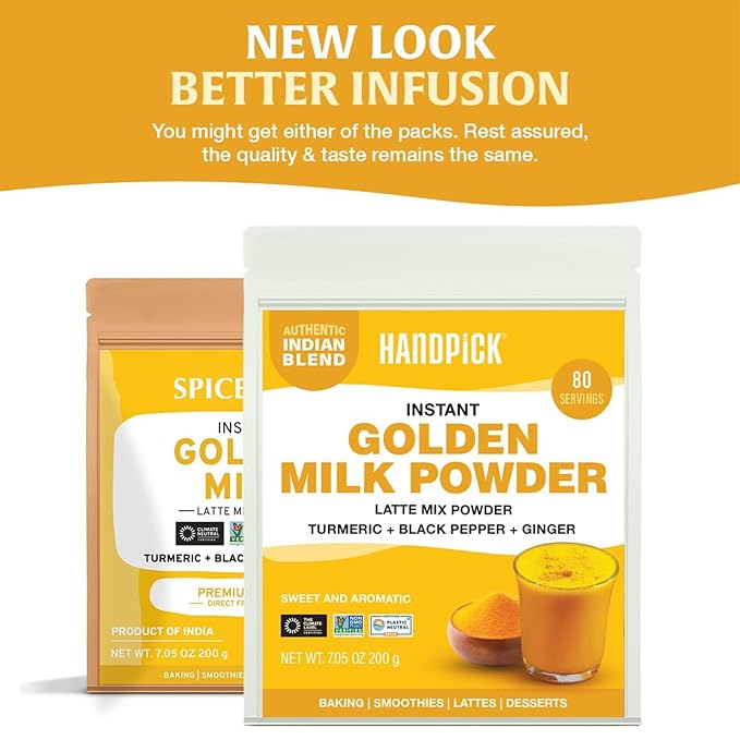 HANDPICK Golden Milk Powder with Turmeric - (7oz, 80 servings) Instant Latte Mix | Blend of Ginger, Black Pepper and Curcumin (Packaging may vary)
