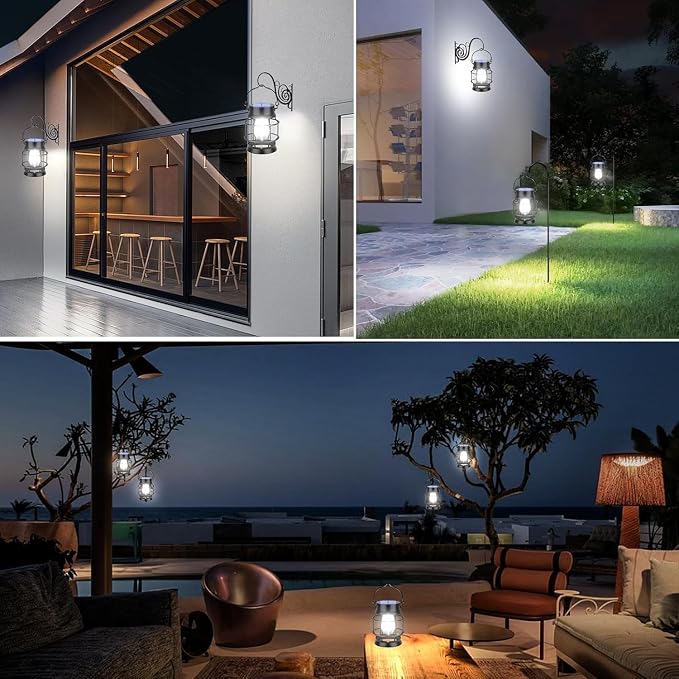 TomCare Solar Lanterns Lights Outdoor Waterproof Metal Hanging Solar Lights Lantern for Outdside Decorative Patio Porch Garden Lawn, 2 Pack (Cool White)