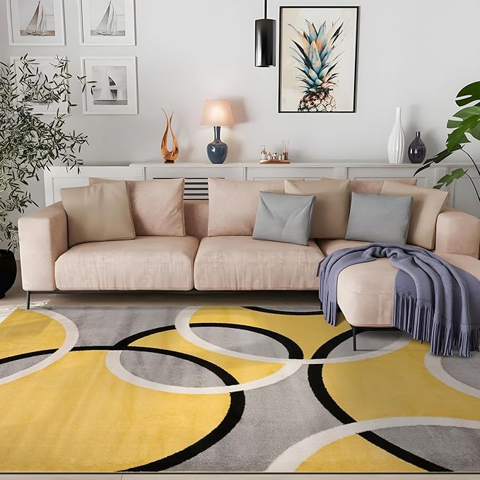 Rugshop Abstract Circles Contemporary Area Rug Yellow 5'3" x 7'3" | Fade-Resistant, Rectangular, Size 5'3" x 7'3", Living Room, Bedroom, Dining Room, Home Office, Kitchen, Entryway, Hallway