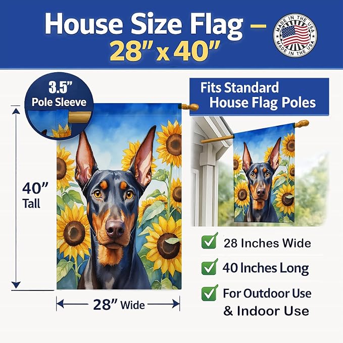 Caroline's Treasures DAC6068CHF Doberman Pinscher in Sunflowers House Flag Large Porch Sleeve Pole Decorative Outside Yard Banner Artwork Wall Hanging, Polyester, House Size, Multicolor